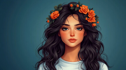 Naklejka premium A young woman with dark, flowing hair adorned with orange flowers looks directly at the viewer, creating a captivating and vibrant atmosphere