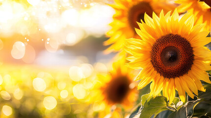 Obraz premium Sunflower close-up with sun shining on field