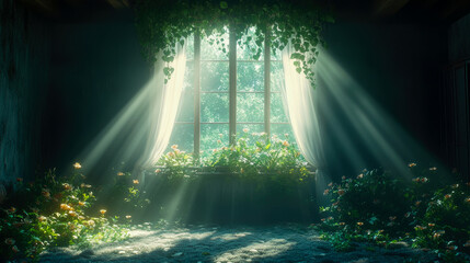 Fototapeta premium Soft rays of sunlight stream through a window, casting a warm glow on a vibrant indoor garden filled with various blooming flowers and plants