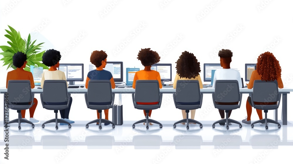 Poster a diverse group of professionals is engaged in collaborative work at their computer desks, focused o