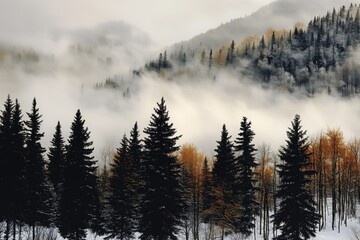 Obraz premium Misty Mountain Landscape with Evergreen Trees and Autumn Foliage