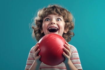 A child holding a lightweight bowling ball, excited expression, bright and playful mood.