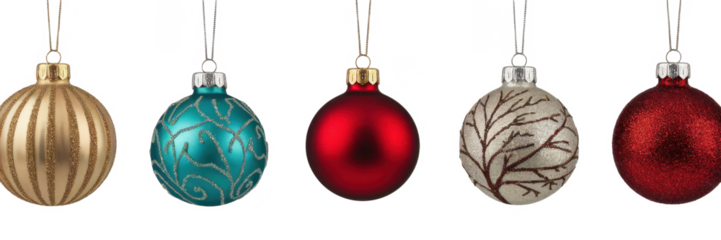 Collection set of five silver, blue, golden and red Chritmas balls hanging with a string, Christmas shiny baubles isolated on transparent background, png file