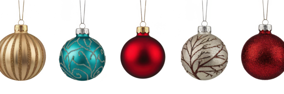 Collection set of five silver, blue, golden and red Chritmas balls hanging with a string, Christmas shiny baubles isolated on transparent background, png file