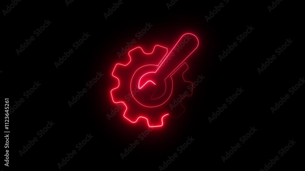 Poster neon line gear and networking system. neon glowing gear setting icon on black background .technology