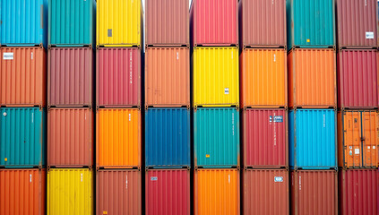Fototapeta premium Port industrial containers harbor freight stacking business cargo, Vibrant geometric pattern, Industrial logistics, Global trade, Multicolored metal boxes