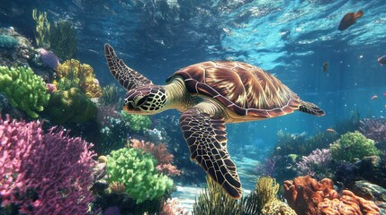 Fototapeta premium Graceful Sea Turtle Gliding Through Vibrant Coral Reef Ecosystem