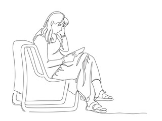 Woman using tablet and sitting on park bench. Wear dress. Continuous line drawing. Black and white vector illustration in line art style.