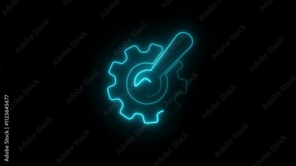 Poster neon line gear and networking system. neon glowing gear setting icon on black background .technology