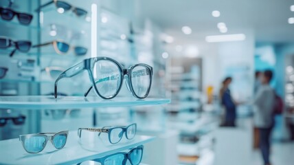Various eyeglasses displayed on shelves in optical store with customers shopping in background