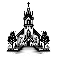 detailed black and white sketch of a church with stairs and crosses – black vector