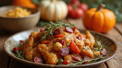 A vibrant dish featuring tender pumpkin, herbs, and colorful vegetables sits on a rustic plate, surrounded by seasonal decor in a warm kitchen atmosphere Thanksgiving day concept