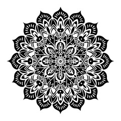 symmetrical ornamental mandala design in monochrome with fine line details