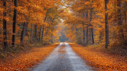 Fototapeta premium Serene autumn road lined with vibrant orange foliage.