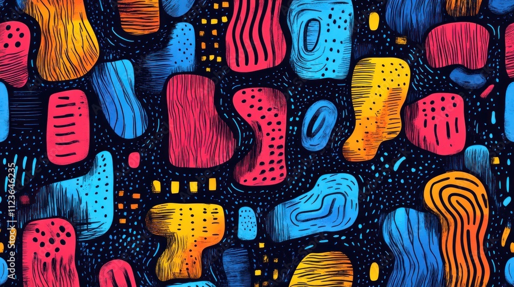 Poster colorful abstract design with vibrant shapes and patterns.