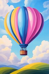 Fototapeta premium Colorful hot air balloon soaring above whimsical hills in a bright blue sky with fluffy clouds
