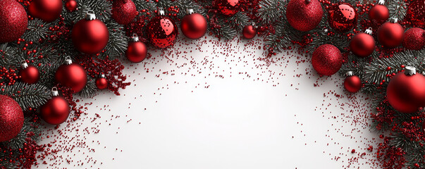 Red Christmas Ornaments and Pine Garland with Glitter on White Background