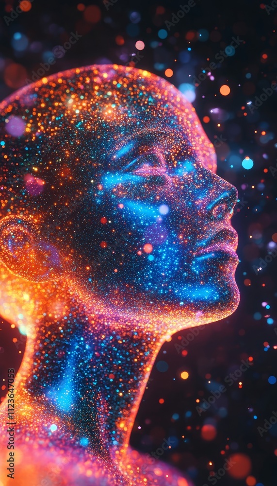 Poster abstract glowing head representing innovation in artificial intelligence and digital consciousness