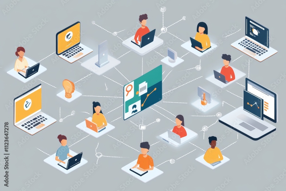 Poster interconnected icons of educational technology highlighting screen sharing in remote learning tools
