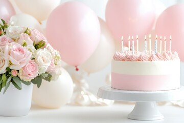 Romantic birthday celebration setup featuring soft pink and white balloons, candles, roses, and a pastel cake in an elegant indoor environment