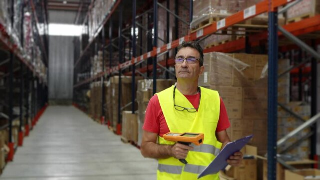 Warehouse worker wearing a safety vest scanning inventory using a barcode scanner in a slow motion sequence