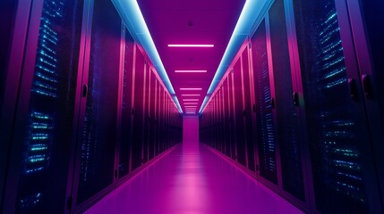 Fototapeta premium Futuristic corridor in a vibrant data center with glowing servers and colorful neon lights.