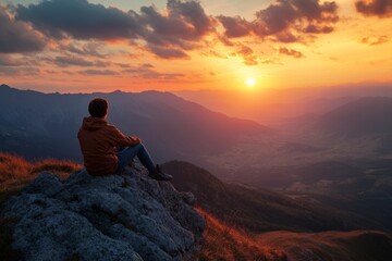 Fototapeta premium Individual awed by stunning sunset view from a mountain peak, embracing nature s beauty