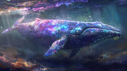 Fototapeta premium Majestic iridescent whale swimming in luminescent ocean depths