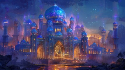 Obraz premium Majestic palace in a fantasy landscape with iridescent night domes