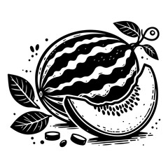 artistic depiction of a watermelon with seeds and decorative leaves – black vector