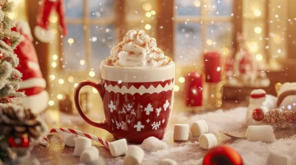 Festive hot chocolate with whipped cream and marshmallows by a cozy window on Christmas eve.