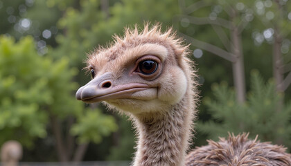 Close-up of a curious ostrich enjoying the warm sunlight in a lush green setting, showcasing its unique features and playful demeanor