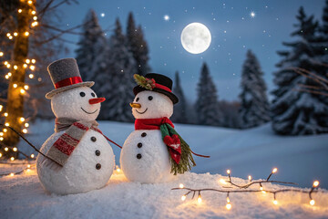 Fototapeta premium Two snowmen in love under a full moon on a snowy winter night.