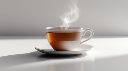 Obraz premium Isolated on white, a porcelain cup filled with steaming black tea, delicate handle, saucer beneath and subtle reflections