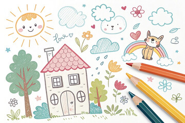 Naklejka premium Childlike drawings of house, sun, clouds, flowers, animals, and rainbow with colored pencils.