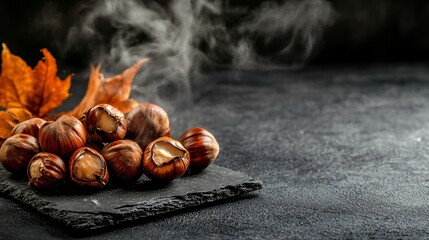 Obraz premium Close up of cracked chestnuts with steam rising, isolated on a dark slate background with subtle fall elements