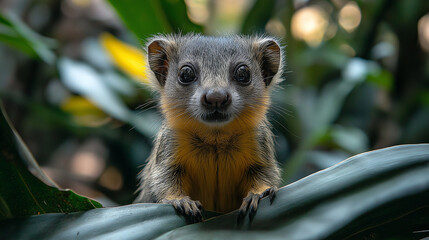 Obraz premium Curious Critter: A close-up portrait of a small, adorable mongoose with inquisitive eyes, peering out from lush green foliage, capturing its natural charm and playful curiosity.