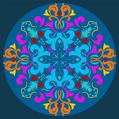 Hand Drawn Floral Pink and Blue Mandala. Modern and Minimalist Mandala with Bright Colors. Geometric Circle Design Element for Invitation and Greeting Cards.