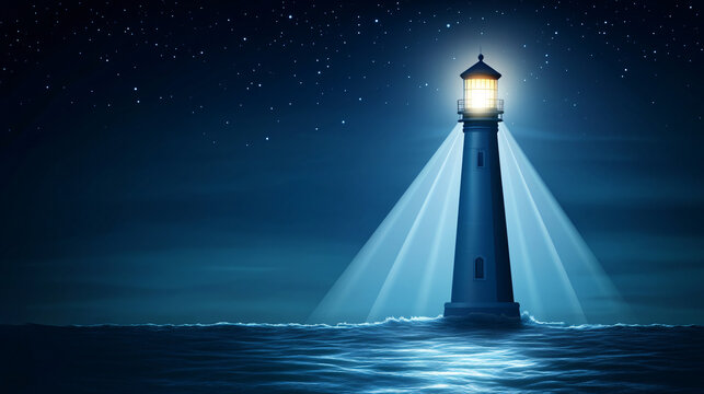A metallic lighthouse gleaming in the dark ocean, emitting an intense electric light beam.
