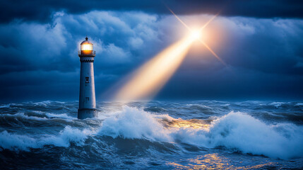 A metallic lighthouse gleaming in the dark ocean, emitting an intense electric light beam.