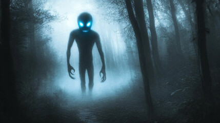 A mist-covered forest where an indistinct figure with glowing blue eyes and a cruel smile stands motionless among the trees.