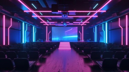 Naklejka premium Futuristic conference hall with holographic stages modern technology virtual environment