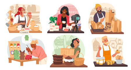 Small business promotion and digital marketing set with happy people sellers cartoon characters