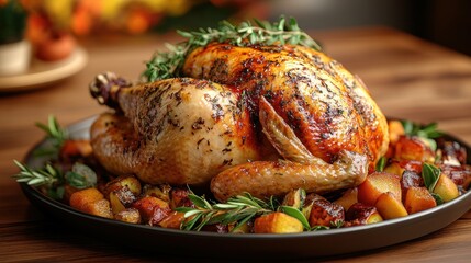 A beautifully roasted turkey garnished with herbs and vegetables.