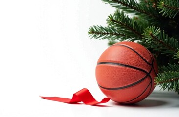 Basketball under Christmas tree branch with red ribbon. New Year's advertising banner for store selling sporting goods. Poster of basketball match. White background. Blank space for text. Copy space