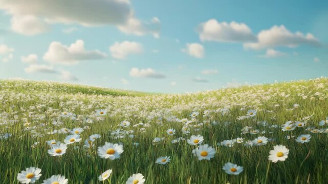 Meadow with white daises swaying in grass under cloudy sky. Spring nature background. Summer flowers. Natural seasonal landscape