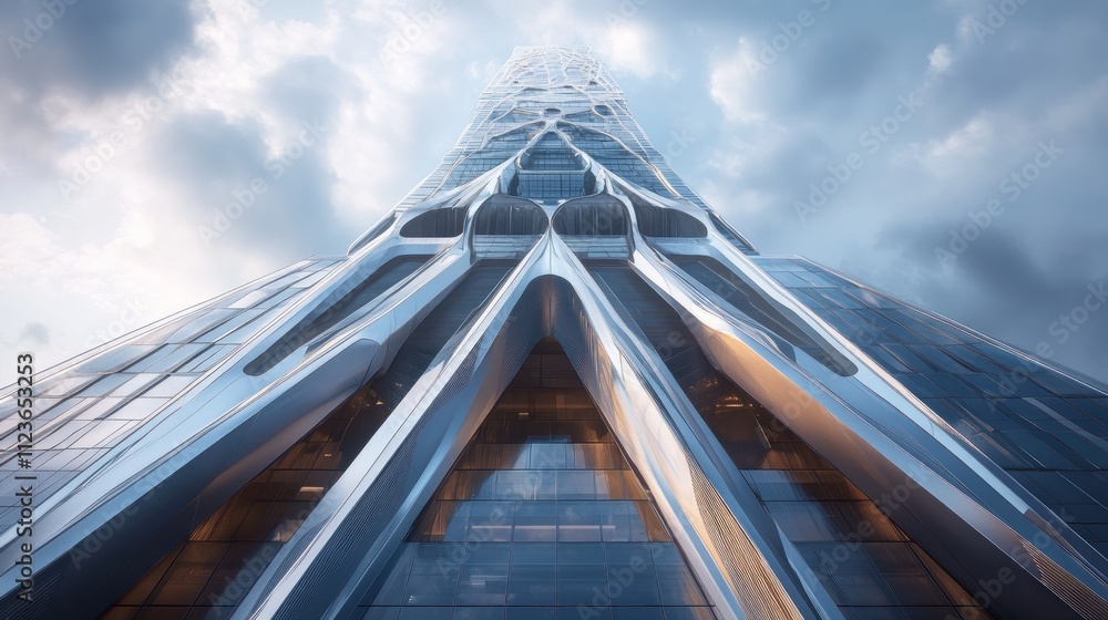 Poster low-angle view of a modern skyscraper with a unique, intricate facade design under a cloudy sky.