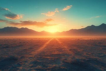 Obraz premium Sunrise over a vast desert landscape with distant mountains