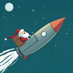 Santa Claus on a rocket ship set to deliver presents to all the boys and girls on Earth