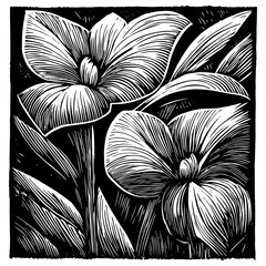 black and white vector illustration of blooming flowers with intricate details